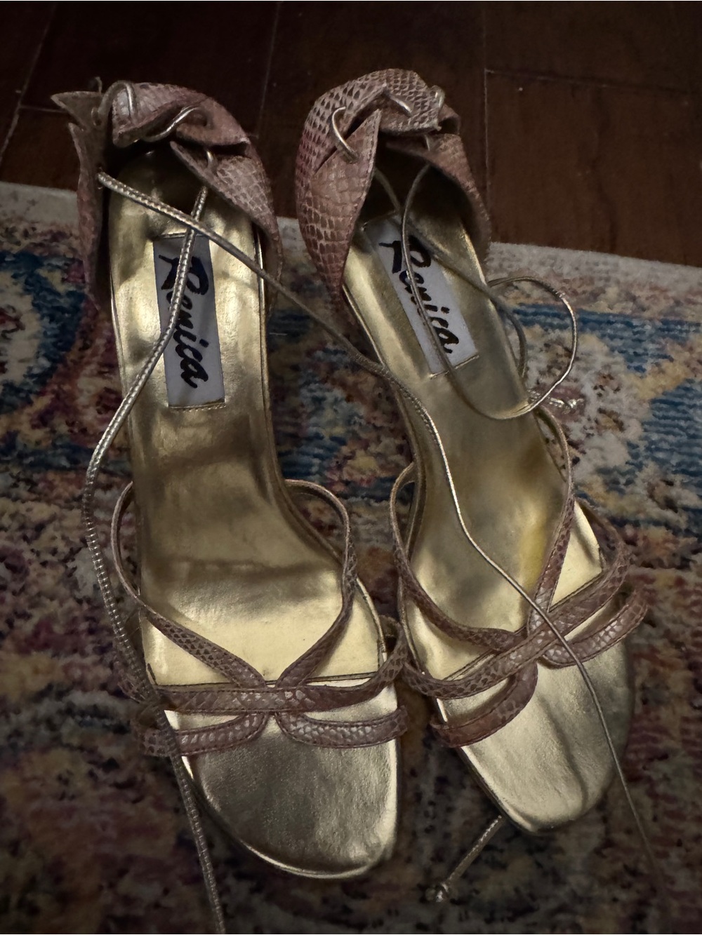 Perlina Blush Snake-Embossed Strappy Heels with Gold Insole